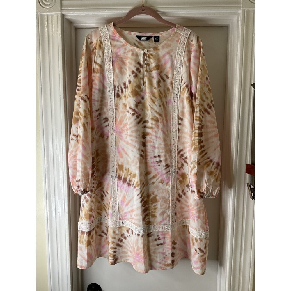 Lands' End Split-Neck 100% Cotton Lace Tunic Shift Dress Size Large Petite Sprin